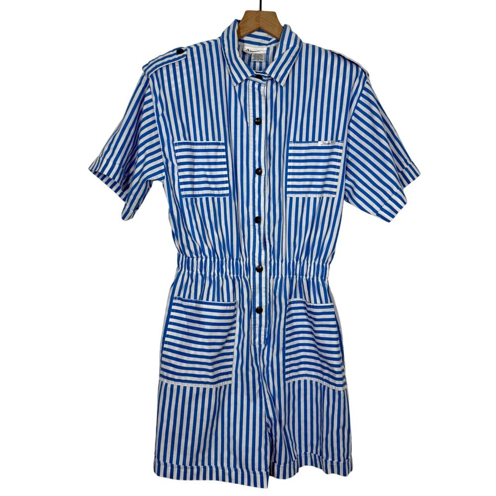 Vtg 80s Dreams Romper Sz XL Blue White Striped Sailor Coastal Pin-Up Snap Beach